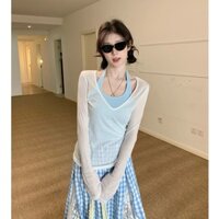 Áo blouse trắng cổ chữ V nhỏ nhẹ nhàng cho nữ mùa hè 2025, bộ hai mảnh áo vest halter, tay dài chống nắng, thời trang EMK2