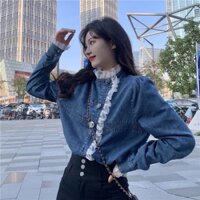 Áo bò nữ, áo sơ mi denim phong cách cổ điển Châu Âu 2024