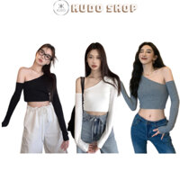 Áo body hở vai tay dài dáng ngắn form ôm, Áo thun nữ basic cắt xẻ khoét vai phong cách Hàn Quốc Kudoshop