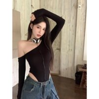 Áo Bodysuit Tay Dài BB Thiết Kế Lệch Vai Khoét Eo Cao Áo Liền Thân Chất Thun Gân Mềm Mại - BBS032