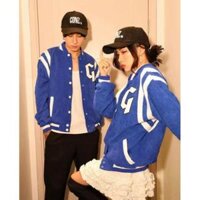 Áo bomber nhung phom rộng thêu chữ G unisex nam nữ phối viền,áo khoác bóng chày nút bấm thích hợp mặc cặp phong cách hàn - Xanh - L