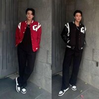 Áo bomber nhung phom rộng thêu chữ G unisex nam nữ phối viền,áo khoác bóng chày nút bấm thích hợp mặc cặp phong cách hàn - Đen - XL