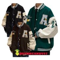 Áo bomber nỉ ngoại trần bông unisex, áo cardigan nam nữ phôm rộng thêu chữ phối màu cao cấp nút bấm - Xanh - XL