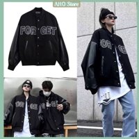 Áo Bomber Unisex Phối Tay Da FORGET Áo Khoác Bóng Chày Nam Nữ Freesize Form Rộng