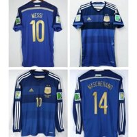 Áo bóng đá sân khách Retro Argentina 2014 world Cup Cổ điển Messi Áo sơ mi bóng đá ngắn / dài tay