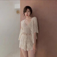 Áo Bra Cúp Ngực Nữ Đi Biển Len Ren Cổ Yếm Phối Tua Tua Dáng Ngắn Đi Chơi, Du Lịch
