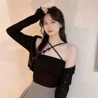 Áo Bra Hai Dây kiểu yếm Dáng Ngắn Thắt Nơ Lưng Phong Cách Phương Tây Thời Trang Xuân Hè 2021 Dễ Phối Đồ - Đen