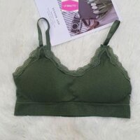Áo bra nữ 2 dây cotton tăm viền ren cao cấp có mút mỏng áo ngực nữ sinh A19 - Màu xanh rêu