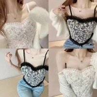 Áo bra nữ, áo hai dây croptop có mút ngực ren hoa nhí cúc ngọc sang chảnh quyến rũ cho nữ từ 40 - 60 kg