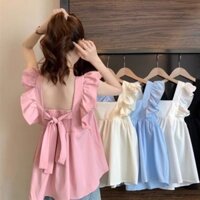 Áo Búp Bê Thắt Nơ Không Tay Hở Lưng Ngọt Ngào Kiểu Pháp Mùa Hè Cổ Vuông Mẫu Mới Áo Sơ Mi Thiết Kế Tay Bay Nhỏ