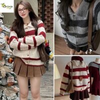 Áo Cadigan Polo Lông Thỏ, Áo Khoác Len Cổ Bẻ Phối Kẻ Ngang Đỏ Xám Khuy Gỗ Phong Cách Noel, Tết Hàng Qccc Orangecloset