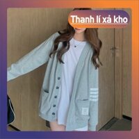 ÁO CADIGAN XÁM ĐEN SỌC NGANG CHO NỮ - ÁO KHOÁC LEN NỈ TAY DÀI CỔ CHỮ V KẺ VIỀN TRẮNG [deal]
