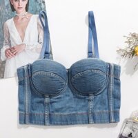 Áo camisole denim châu Âu và Mỹ cho phụ nữ, đồ lót đẹp lưng, áo khoác ngoài dây đeo spaghetti xương cá, áo ống nhảy đa năng cho mùa hè