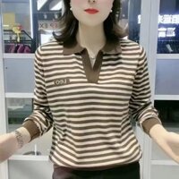 Áo cánh cổ chữ V cho nữ áo thun polo dài tay áo thường ngày kẻ sọc dáng rộng áo phong cách Hàn Quốc