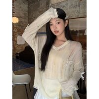 Áo cánh dệt kim loại mỏng khoét lỗ nơ bướm Jiashucheng áo dài tay rộng mùa hè cho nữ