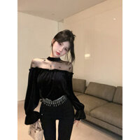 Áo cánh nhung sequin dễ phối khí chất màu đen áo sơ mi cổ tròn dài tay rộng rãi khâu lưới áo thun