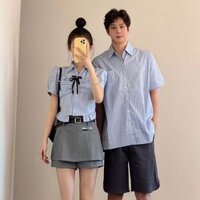 Áo cặp nam nữ đồ đôi áo sơ mi nam áo nữ kèm nơ kẻ sọc xanh mix chân váy nữ kèm đai COUPLE LOVE C202