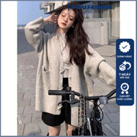 Áo cardigan cách điệu Pupu màu xám, Áo cardigan len mỏng form rộng phong cách Hàn Quốc