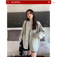 Áo cardigan cách điệu Sherry màu xám trơn, Áo khoác len dày form rộng Hàn Quốc