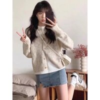 Áo Cardigan Chấm Bi Xanh Dệt Kim Mẫu Mới Áo Khoác Len Dáng Rộng Cổ Tròn Chấm Bi Áo Khoác Dài Tay