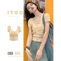 Áo Cardigan Cổ Chữ U Mẫu Mới Kiểu Pháp Áo Thun Dệt Kim Lụa Băng Tay Ngắn Ôm Dáng