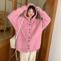 Áo Cardigan có mũ trùm đầu mới thu đông dày Hàn Quốc Áo Cardigan màu hồng rộng