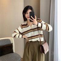 Áo Cardigan Cổ V Cài Cúc Ngọc Phối Tơ Tay Dài Sọc Bự Thời Trang