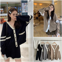 Áo cardigan cổ V cúc dọc tay phối kẻ ngang