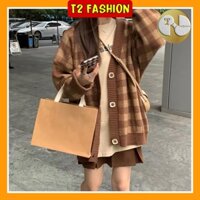 Áo Cardigan cổ V hoạ tiết ô vuông nhỏ phong cách Hàn Quốc