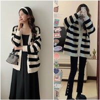 Áo cardigan cổ V kẻ ngang dáng rộng Hàn Quốc