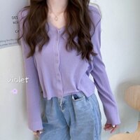 Áo Cardigan dài tay cổ chữ V dáng rộng màu tím mỏng