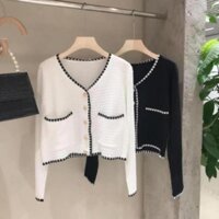 Áo Cardigan Dài Tay Cổ V Dệt Kim Dáng Croptop 2 Màu Đen, Trắng Hàn Quốc Ulzzang