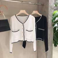 Áo Cardigan Dài Tay Cổ V Dệt Kim Dáng Croptop 2 Màu Đen, Trắng Hàn Quốc Ulzzang