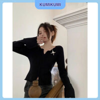 Áo cardigan đen mỏng KumiKumi đính sao, Áo croptop dài tay ôm dáng phong cách gợi cảm