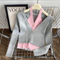 Áo Cardigan dệt kim cổ chữ V Giả Áo dáng ngắn tôn dáng thiết kế đầu thu cho nữ