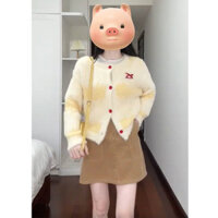 Áo Cardigan dệt kim dài tay sọc vàng ngọt ngào Áo khoác len rộng rãi giản dị mẫu mới mùa thu