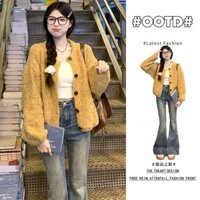 Áo Cardigan Dệt Kim Dáng Người Nhỏ Maillard Mặc Với Áo Len Màu Vàng Dopamine Cao Cấp Áo Khoác Mùa Thu Rộng Rãi