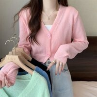 Áo cardigan dệt kim ngắn tay màu kẹo dành cho nữ áo khoác cổ chữ V dáng rộng và đa năng mới dành cho nữ