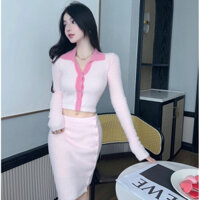 Áo Cardigan Dệt Kim Tay Dài Màu Hồng Ngọt Ngào Thời Trang ( SẴN ) Set Len Áo Croptop Cài Cúc Chân Váy Dài Body Màu Trơn