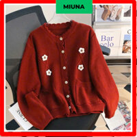 Áo cardigan đỏ Miuna họa tiết hoa, Áo khoác len cách điệu phong cách retro