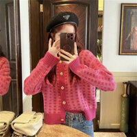 Áo cardigan hồng caro