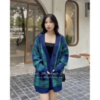 áo cardigan kẻ caro xanh đen