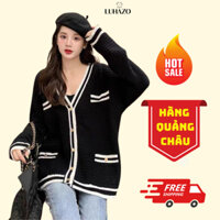 Áo cardigan khoác len nữ dệt kim LUHAZO dài tay basic đen trắng cổ V len nổi thời trang retrophong cách tiểu thư D-14