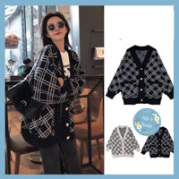 Áo Cardigan len dài tay vintage Nội Y Xanh, Áo khoác len họa tiết ô chéo form rộng 2 màu đen trắng nội y xanh sang chảnh