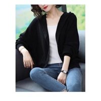 Áo cardigan len đẹp, Khoác len nữ dáng cánh dơi có nón,Len dệt kim mềm mịn, Thời trang thu đông xinh cho nữ - Đen - Freesize 45-65kg