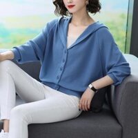 Áo cardigan len đẹp, Khoác len nữ dáng cánh dơi có nón,Len dệt kim mềm mịn, Thời trang thu đông xinh cho nữ - Xanh dương - Freesize 45-65kg