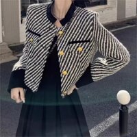 Áo cardigan len lông thỏ áo dạ kẻ nữ sọc chéo cổ tàu dài tay phối tay nhung cúc đồng dáng suông sang trọng L262 D-24.3