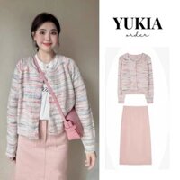 Áo cardigan len màu hồng + Chân váy kaki dáng dài có túi đồng màu điệu đà Hàn Quốc hàng Quảng Châu (Order)