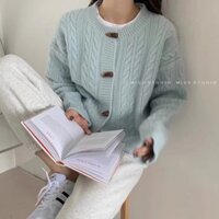 Áo cardigan len mịn khuy sừng dáng lửng xanh đỏ hồng be