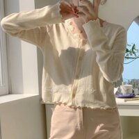 Áo cardigan len mỏng dáng ngắn cổ chữ V ren dịu dàng nữ tính thu đông order ACVR001